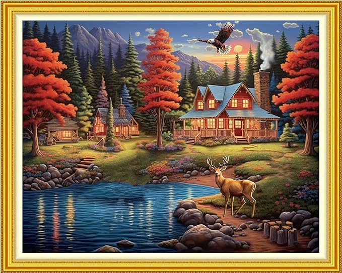 Foxhool Stamped Cross Stitch Kits,11CT Printed Cross Stitch Pattern Full Embroidery Kits for Beginner Needlepoint Kits-Home Scenery 16x20 inchs