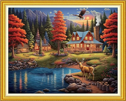 Foxhool Stamped Cross Stitch Kits,11CT Printed Cross Stitch Pattern Full Embroidery Kits for Beginner Needlepoint Kits-Home Scenery 16x20 inchs