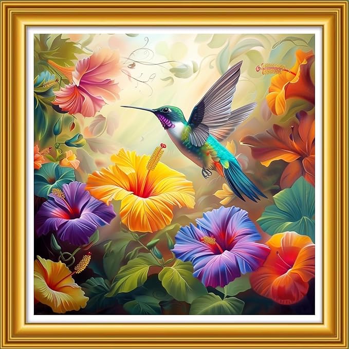 Foxhool Stamped Cross Stitch Kits,11CT Printed Cross Stitch Pattern Full Embroidery Kits for Beginner Needlepoint Kits&Hummingbird Picking Flowers 18x18 inch