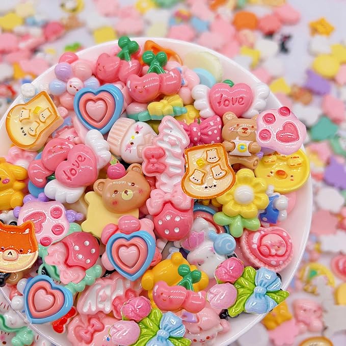 60 Pcs Slime Charms Bulk DIY Craft Making Kit, Cute Flat Back Mixed Resin Charms for Crafts (Multicolored)