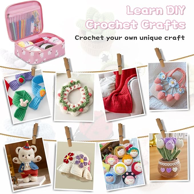 GMAK Crochet Kit for Beginners Adults, 59 PCS Crocheting Sets Include Yarn, Hooks and Tools, Portable Crochet Starter Kit for Making Variety Projects Crocheting Supplies, Pink Alpaca