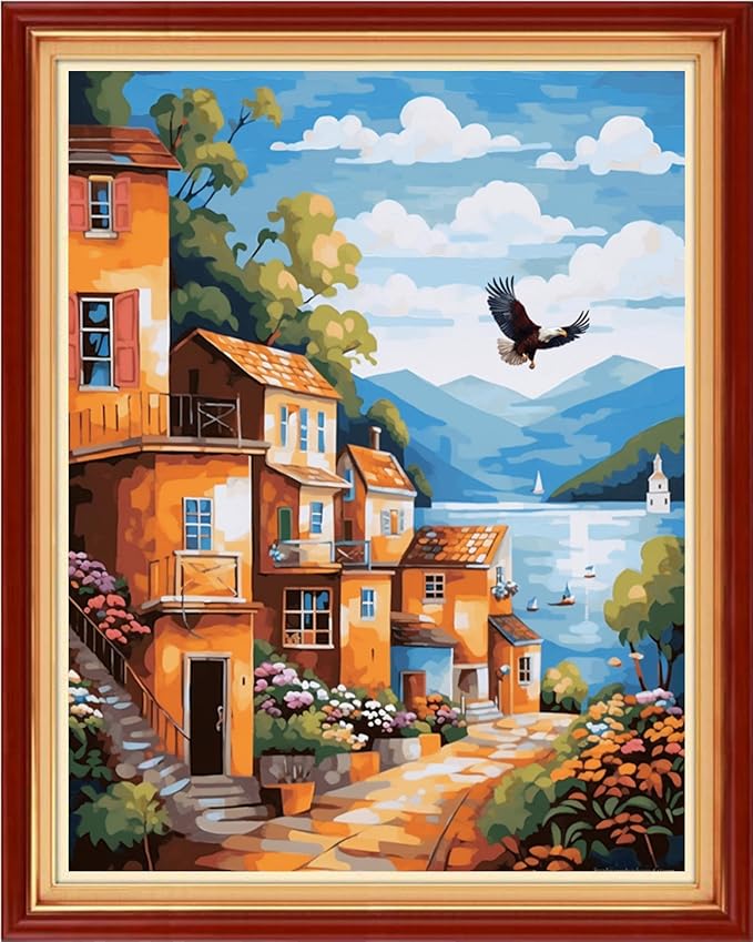 Foxhool Stamped Cross Stitch Kits,11CT Printed Cross Stitch Pattern Full Embroidery Kits for Beginner Needlepoint Kits-Seaside Houses 16x20 inchs