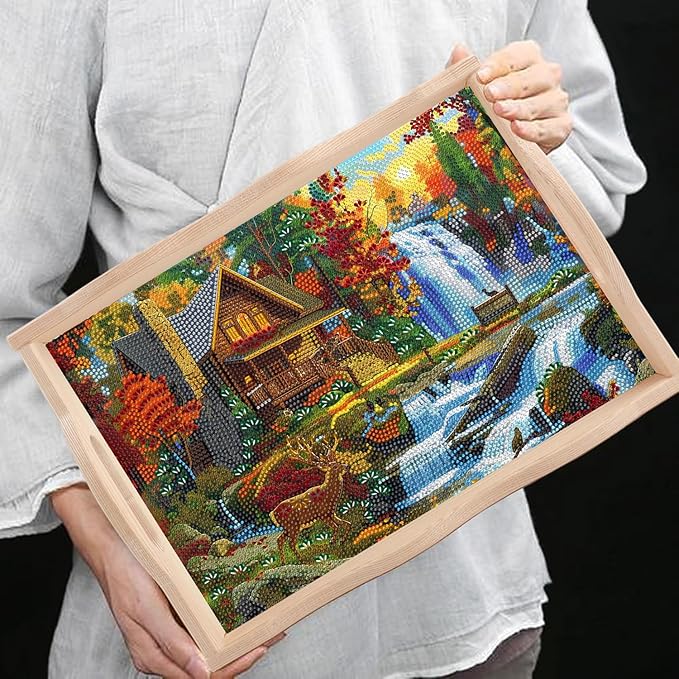 DOTSOPS 5D Diamond Art Kits for Adults Wooden Serving Tray with Handle Special Diamond Painting Plate Big Gem Dots Paint by Numbers Crafts Kits for Living Room Log Cabin 12 x 16 Inches