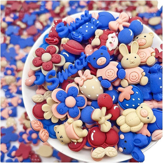 50 Pcs Flatback Cute Resin Slime Charms Bulk for Crafts, Flat Back Mixed Charms for Slime, Slime Charm Bulk for DIY Art Craft Making Kit (Burgundy Blue Khaki)
