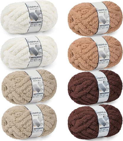 Chunky Yarn for Hand Knitting - #10 Chunky Chenille Yarn, Jumbo Big Thick Chunky Yarns for Crocheting, Super Bulky Chunky Knit Blanket Yarns, 8 Skein (25yd, 8oz/Skein), Cream & Multi Coffee