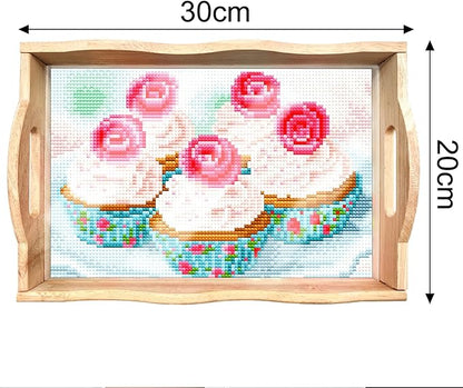 DIY Art Painting Wooden Tray Kit, Food Tray with Handle Diamond Painted Table Decoration Tray, for Breakfast, Bar Dinner Table Diamond Dots Gem Painting Art Set for Beginners (#31-Cake)