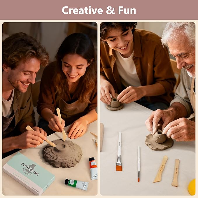 Pottery Starter Kit for Adults with Air Dry Clay – Complete Deluxe Home Sculpting & Making Set with Tools, 8 Paint Colors & Varnish - DIY Home Ceramics for Beginners, Date Night Activities Gifts