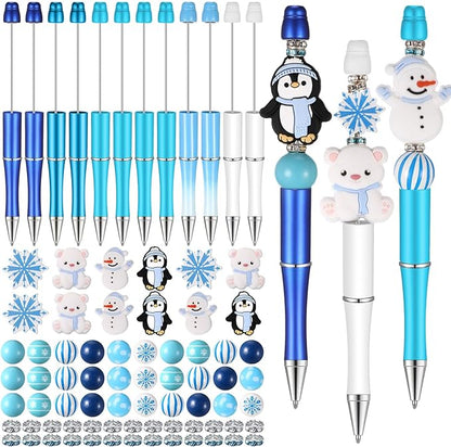 Geyee 12 Set Plastic Beadable Pens Assorted Bead Pens Crystal Wood Round Spacer Set Black Ink DIY Ballpoint for Women Men Gift Office Supplies(Polar Animals)