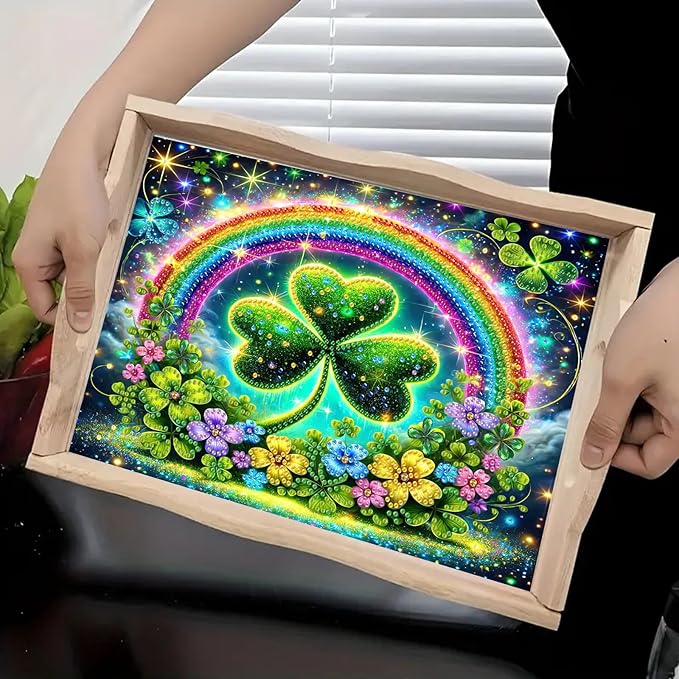DoxQcs DIY Diamond Art Wooden Tray Kit Easter Food Tray with Handle Diamond Painted Table Decoration Tray for Breakfast Bar Dinner Table Diamond Art Painting for Beginners-#06-Rainbow Clover