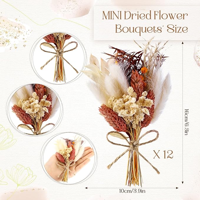 Nuanchu 12 Pcs Mini Dried Flower Bouquet 6" Natural Small Dried Flower with Stem for Birthday DIY Crafts Scrapbook Vase Boho Party Plates Cake Bridesmaid Gifts Card Envelope Decor(Fall)
