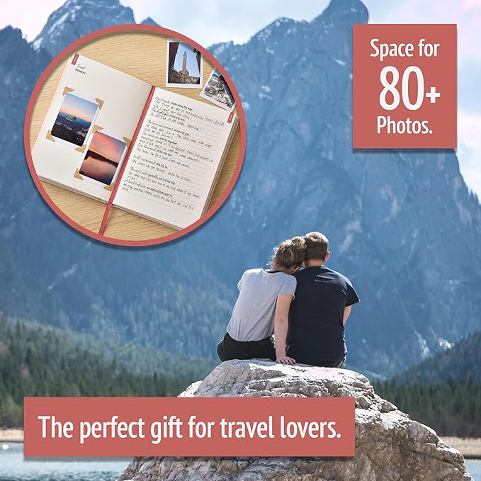 gateway22 Travel Journal Couples Edition - Travel Memory Book, Trip Diary, Photo Album - 136pgs, 15 Trips. Includes Photo Corner Stickers. In Gift Sleeve. Travel Gift for Women and Men - A5 Red