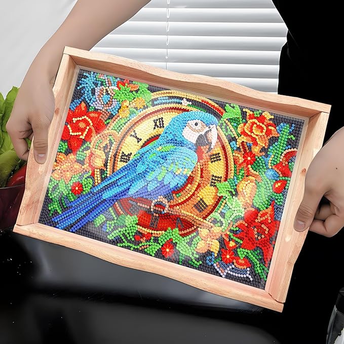 DIY Art Painting Wooden Tray Kit, Food Tray with Handle Diamond Painted Table Decoration Tray, for Breakfast, Bar Dinner Table Diamond Dots Gem Painting Art Set for Beginners (#25-Parrot)