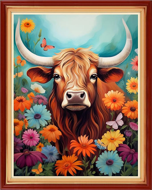 Funchey Stamped Cross Stitch Kits, DIY Cross Stitch Pattern for Adults Beginners Needlepoint Kits Embroidery Kit Arts and Crafts 11CT&Colorful Flower Cow 16x20 inchs