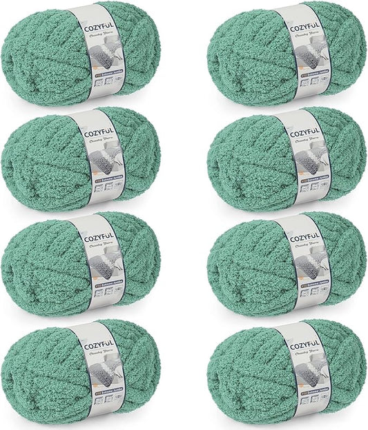 Chunky Yarn for Hand Knitting - #10 Chunky Chenille Yarn, Jumbo Big Thick Chunky Yarns for Crocheting, Super Bulky Chunky Knit Blanket Yarns, 8 Skein (25 yds 8 oz Each Skein), Misty Jungle Green