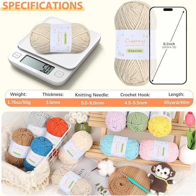 Coopay Chenille Yarn for Crocheting/Knitting, 8 Pack Medium Worsted Weight Yarn of 50g/1.76oz - Total 520yd, Soft Velvet Crochet Yarns for Plush Toys, Baby Blankets, Scarves (Khaki)