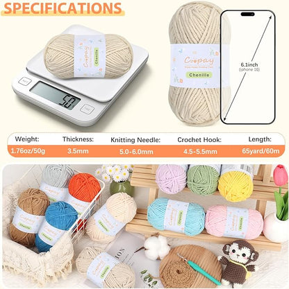 Coopay Chenille Yarn for Crocheting/Knitting, 8 Pack Medium Worsted Weight Yarn of 50g/1.76oz - Total 520yd, Soft Velvet Crochet Yarns for Plush Toys, Baby Blankets, Scarves (Khaki)