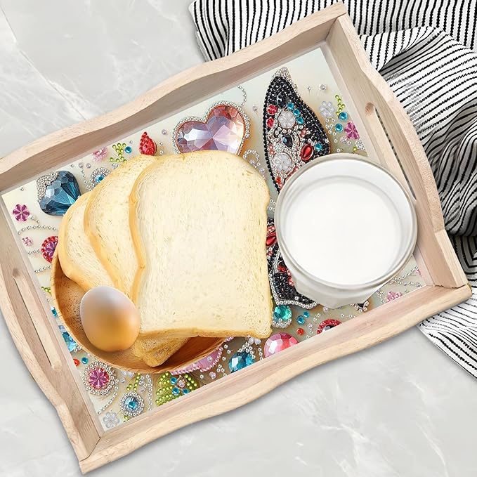 DIY Diamond Art Wooden Tray Kit With Handle, Painted Table Decoration for Breakfast, Bar Dinner Table, Gem Painting Art Set for Beginners-#31-Butterfly