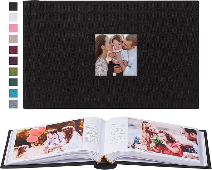 Mublalbum Small 4x6 Photo Album Linen Cover with Memo Areas Photobook Pictures Book Holds Horizontal Pockets for Wedding Family Baby and Vacation (Black)