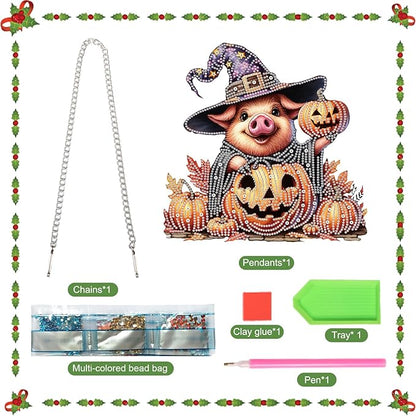 Diamond Art Painting Pendant Kits 5D Diamond Painting Art Hanging Kit Halloween Pumpkin Pig DIY Diamond Crystal Window Door Pendant Kit for Adults Gift Wall Home Halloween Decor (24.1x23.4cm)