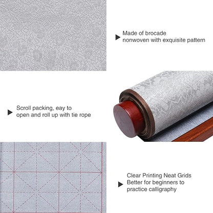 MEGREZ 4 Set No Ink Chinese Calligraphy Practice Set, Water Writing Cloth Calligraphy Comes with Magic Cloth, Brush Pen, Water Dish, Calligraphy Copy for Beginners, Silver
