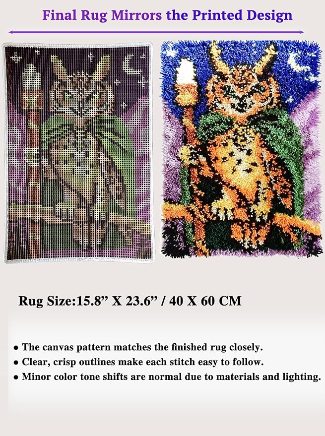 KitsMaster Owl Wizard Latch Hook Kit – Pre-Printed Canvas, Color-Coded Yarn, Starry Night Rug Craft for Adults & Beginners, 23.6''x15.8'' (Whimsical Forest Watcher)