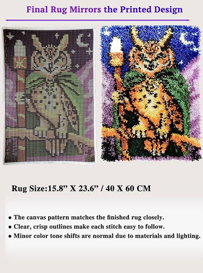KitsMaster Owl Wizard Latch Hook Kit – Pre-Printed Canvas, Color-Coded Yarn, Starry Night Rug Craft for Adults & Beginners, 23.6''x15.8'' (Whimsical Forest Watcher)