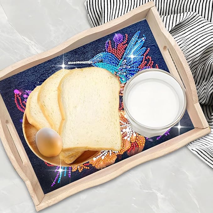 DIY Diamond Art Wooden Tray Kit With Handle, Food Tray for Breakfast, Bar Dinner Table Decoration, Diamond Dots Gem Painting Art Set for Beginners-#23-Hummingbird