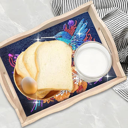 DIY Diamond Art Wooden Tray Kit With Handle, Food Tray for Breakfast, Bar Dinner Table Decoration, Diamond Dots Gem Painting Art Set for Beginners-#23-Hummingbird