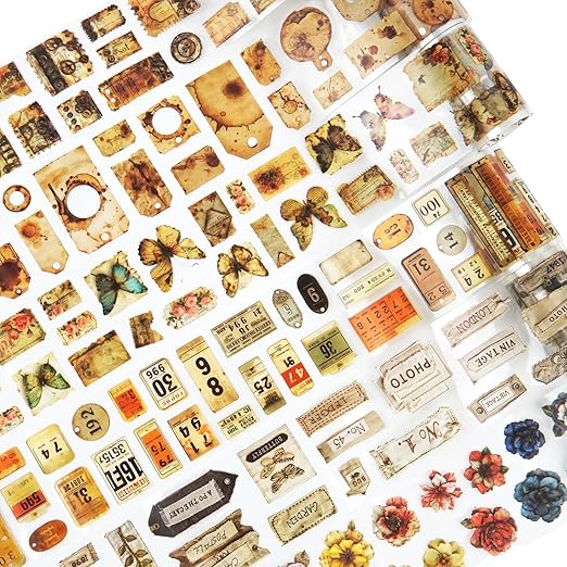 AuriicLeaf Vintage Ephemera PET Tapes Set, 6 Rolls of Antique Designs for Junk Journaling, Scrapbooking, Crafting, DIY Projects, Diaries, and Art Supplies