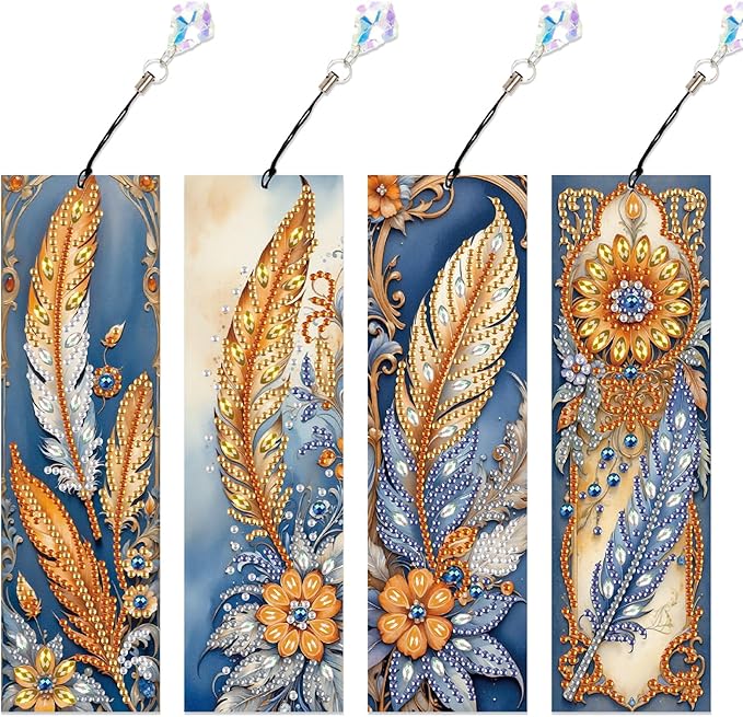 4-Pack 5D Diamond Painting Bookmarks Kit, DIY Diamond Art Bookmarks with Rhinestones and Tassels, Bohemian Unique Flower and Feather Designs, Handmade Bookmark Set for Adults, Gift for Book Lovers