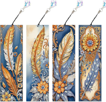 4-Pack 5D Diamond Painting Bookmarks Kit, DIY Diamond Art Bookmarks with Rhinestones and Tassels, Bohemian Unique Flower and Feather Designs, Handmade Bookmark Set for Adults, Gift for Book Lovers