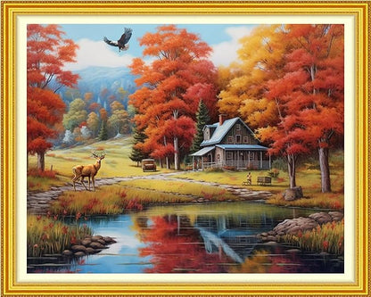 Foxhool Stamped Cross Stitch Kits,11CT Printed Cross Stitch Pattern Full Embroidery Kits for Beginner Needlepoint Kits-Suburban Scenery 16x20 inchs
