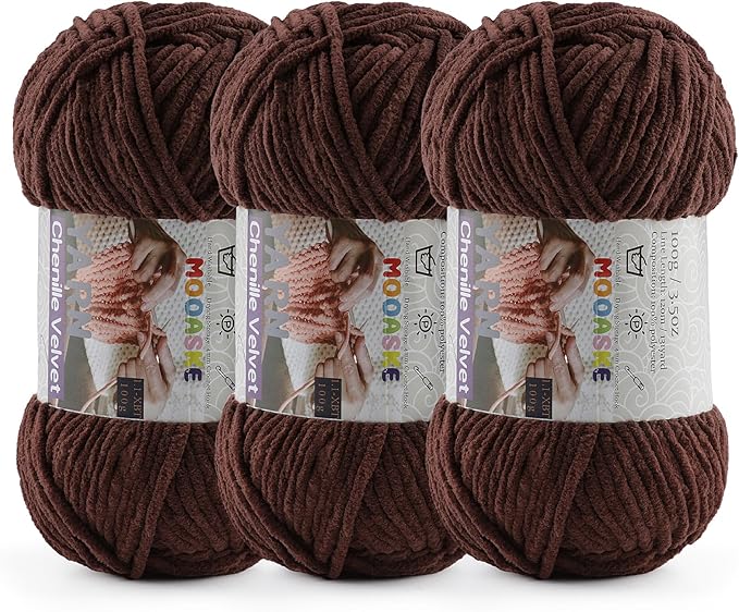 3 * 100g Chunky Yarn for Crocheting and Knitting - Easy to Use Plush Chenille Super Bulky Yarn 393yds - Ultra Soft Velvet Baby Blanket Yarn for Beginners & Amigurumi Projects, Dark Coffee