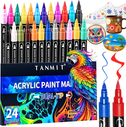 TANMIT 24 Colors Dual Tip Acrylic Paint Markers, Eggs, Scrapbook, DIY Crafts Making Art Supplies - Teacher Appreciation Gift