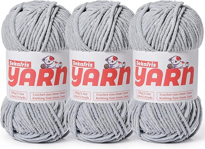 3 Pack Plush Chunky Chenille Yarn for Crocheting Amigurumi, Soft Fluffy Velvet Yarn for Crocheting, Fuzzy Baby Blanket Knitting, 300g/393yds Bulky（3 Grayish）