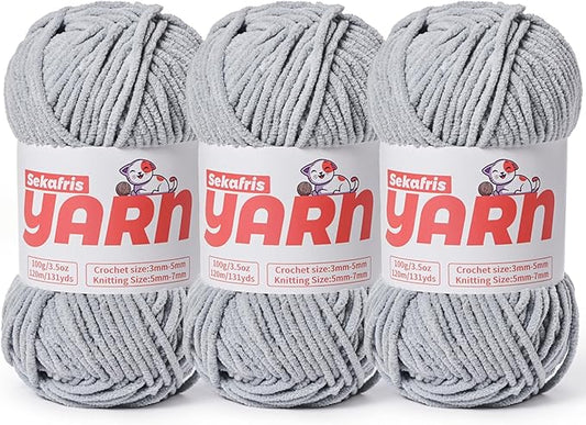 3 Pack Plush Chunky Chenille Yarn for Crocheting Amigurumi, Soft Fluffy Velvet Yarn for Crocheting, Fuzzy Baby Blanket Knitting, 300g/393yds Bulky（3 Grayish）