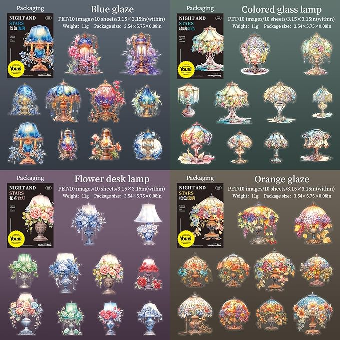 50 Pieces Vintage Lighting Aesthetic Stickers, PET Scrapbooking Decals for Bullet Journals, Planners, Card Making, Laptops, and Adult DIY Arts & Crafts (5 Pack)