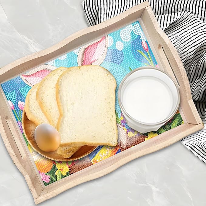 FGbaby DIY 5D Easter Bunny Eggs Diamond Painting Wood Serving Tray with Handles Diamond Art Decor Serving Trays Wooden Tray for Breakfast in Bed, Patio, BBQ, Coffee Table, Party –Great for Lap & Couch