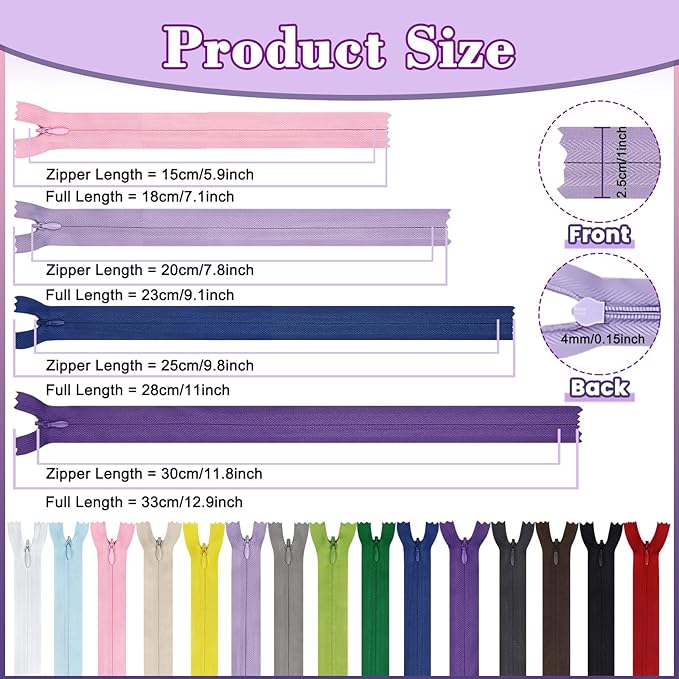 Invisible Zipper, DOITEM 45pcs 6 Inch 8 Inch 10 Inch 12 Inch Invisible Multicolor Nylon Coil Zippers for Sewing and Crafts 15 Colors
