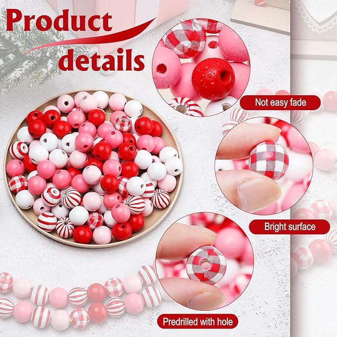 200 Pieces Wooden Beads Buffalo Plaid Red White Stripe 16 mm Colorful Wood Spacer Rustic Farmhouse Wooden Beads for DIY Crafts Garland Home Decor (Vivid Style)