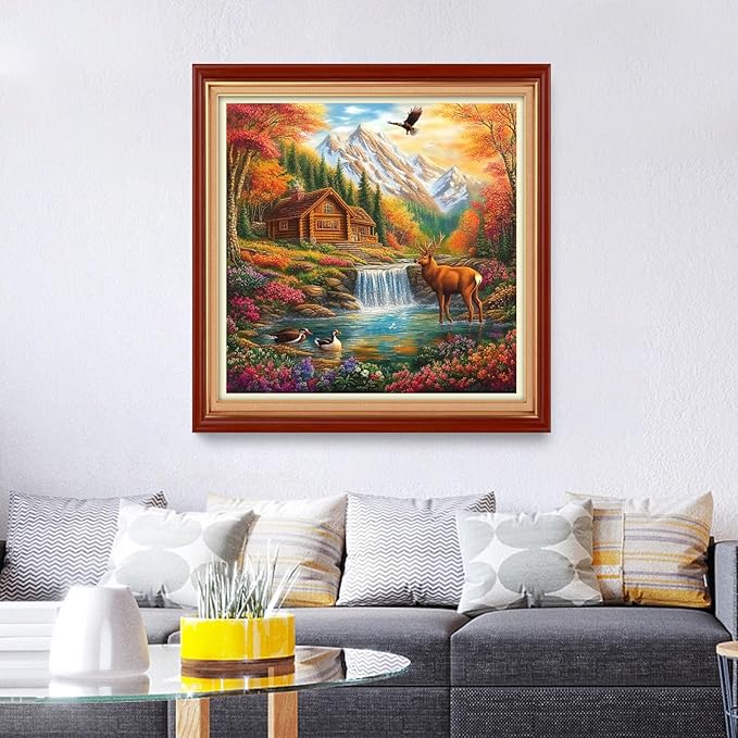 Foxhool Stamped Cross Stitch Kits,11CT Printed Cross Stitch Pattern Full Embroidery Kits for Beginner Needlepoint Kits&Autumn Scenery elk 18x18 inch