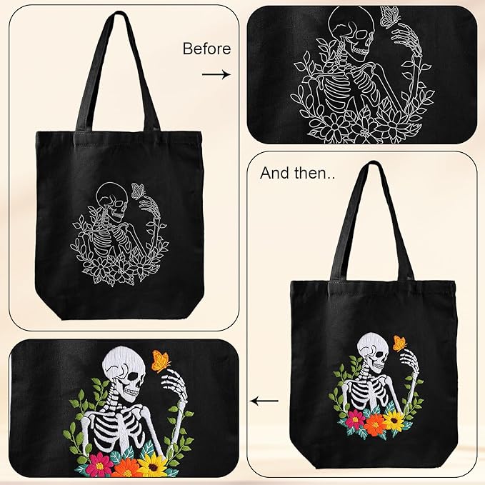 Louise Maelys Helloween Embroidery Kit Canvas Tote Bag for Beginners,Cross Stitch Kits for Adults,DIY Crafts Skull Flowers Pattern,Women Shopping Reusable Grocery Bags