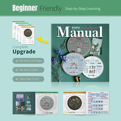 ETSPIL Embroidery Kit for Beginners, 4 Floral Patterns, Learn 33 Stitches, Pre-Printed Fabric, 7.8-Inch Hoop, Colored Threads and Needles, Easy Video Guide, DIY Hand Sewing Gift for Adults and Teens