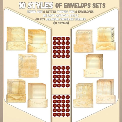 TaoBary 160 Pcs Stationery Paper Set 50 Double Sided Stationery Papers with 50 Matching Envelopes and 60 Round Dot Sticker, 10 Design(Light Vintage,8.5 x 11 Inch)