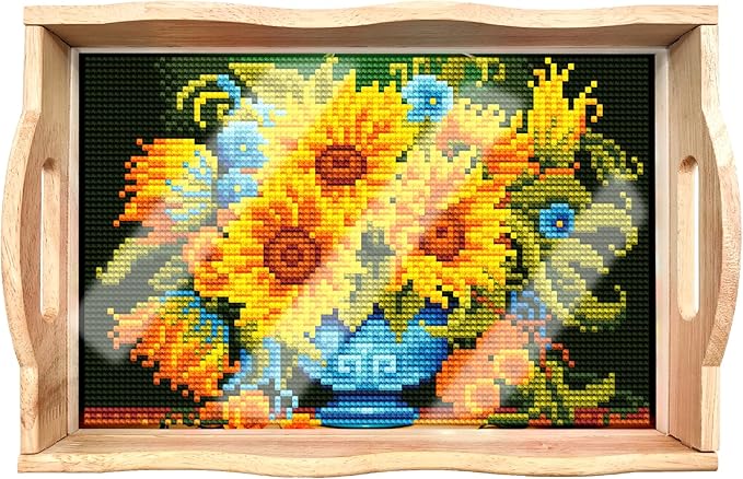 FGbaby DIY 5D Sunflower Diamond Painting Wood Serving Tray with Handles Diamond Art Decorative Serving Trays Wooden Tray for Breakfast in Bed, Patio, BBQ, Coffee Table, Party – Great for Lap & Couch