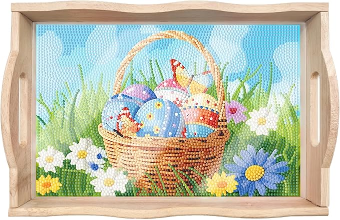 FGbaby DIY 5D Flowers Easter Eggs Diamond Painting Wood Serving Tray with Handles Diamond Art Serving Trays Wooden Tray for Breakfast in Bed, Patio, BBQ, Coffee Table, Party –Great for Lap & Couch