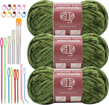 LUNARM Chenille Yarn for Crocheting Knitting, 3 Skein 263 Yard Thick Soft Chunky Fluffy Weaving Plush Yarn for Blankets Clothes Pattern Creations with Big Eye Needles (Olive-Green)