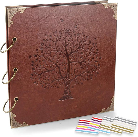 ADVcer Photo Album DIY Scrapbook (10x10 inch 50 Pages Double Sided), Vintage Leather Cover Three-Ring Binder Family Picture Booth with 9 Color 408pcs Self Adhesive Photos Corners for Memory Keep, Tree