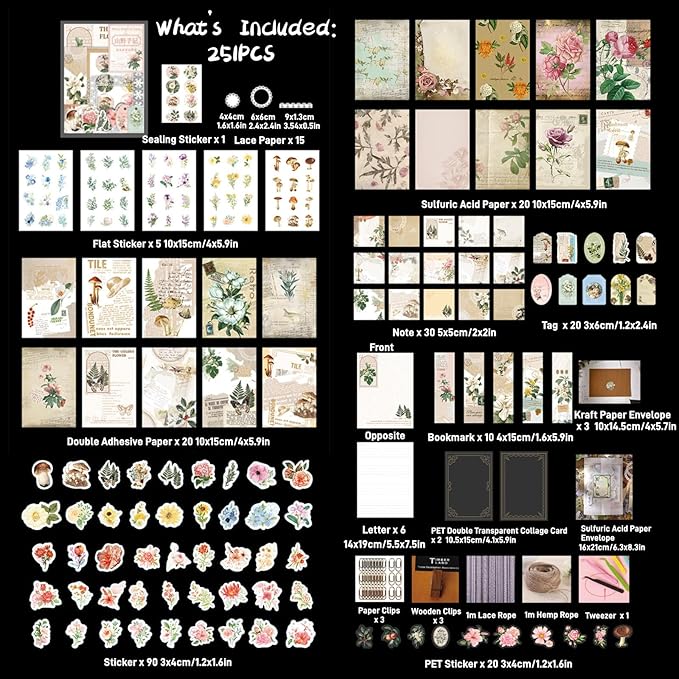 251PCS Vintage Scrapbook Supplies Pack, Scrapbooking Paper and Stickers Ephemera Bundle Junk Journal Kit for Art Aesthetic Journaling Collage Decoupage Craft (Mountain and Fields)