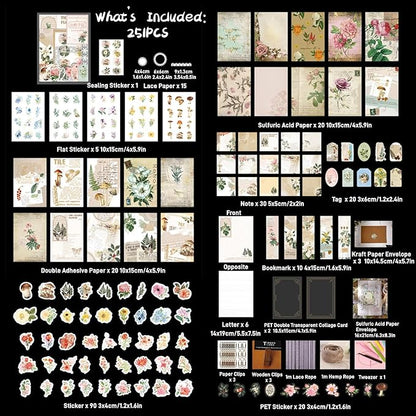 251PCS Vintage Scrapbook Supplies Pack, Scrapbooking Paper and Stickers Ephemera Bundle Junk Journal Kit for Art Aesthetic Journaling Collage Decoupage Craft (Mountain and Fields)